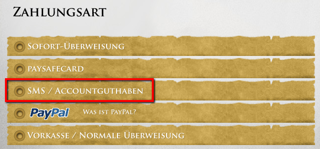 Wir wählen jetzt als Zahlungsmethode 'SMS / Accountguthaben' aus.