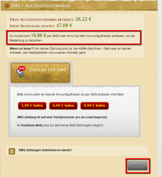 Wir haben die Zahlungsmethode 'SMS / Accountguthaben' ausgewählt